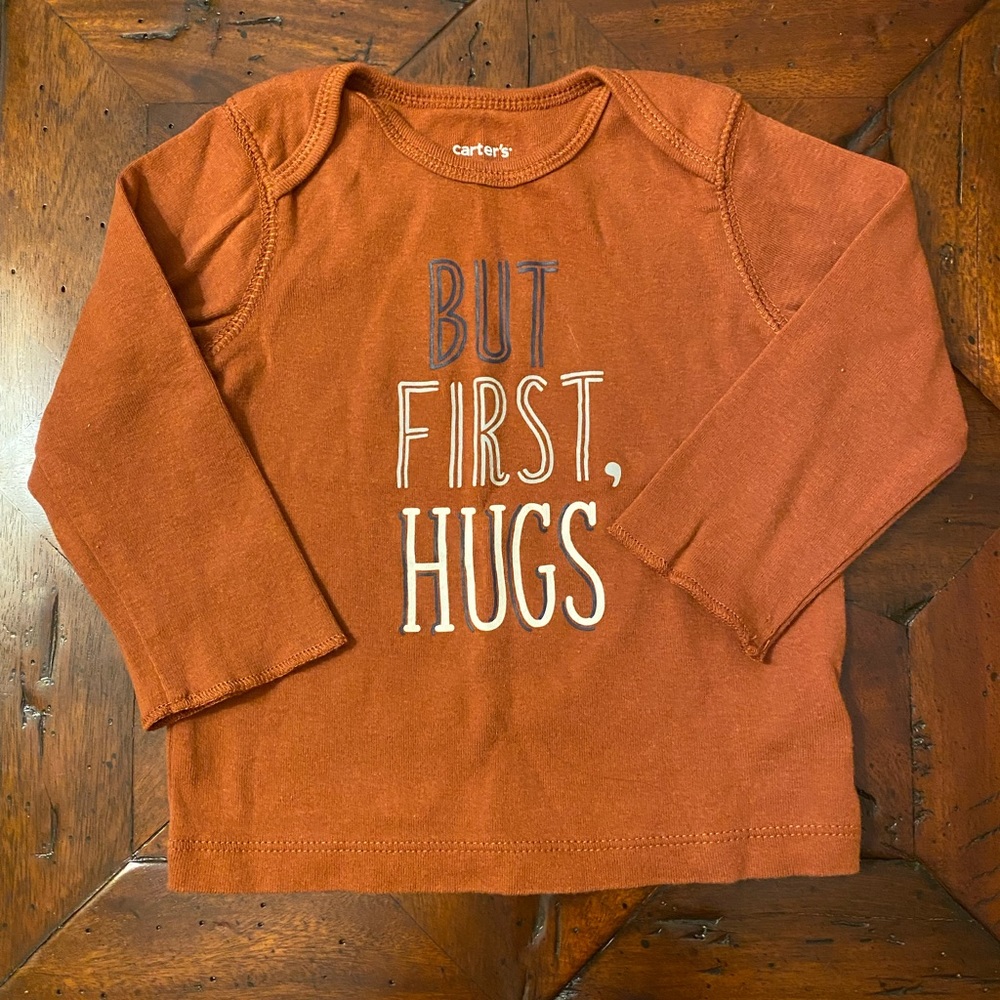 But First, Hugs Rust Orange Long Sleeve Unisex Tee Shirt, Size 12 Months